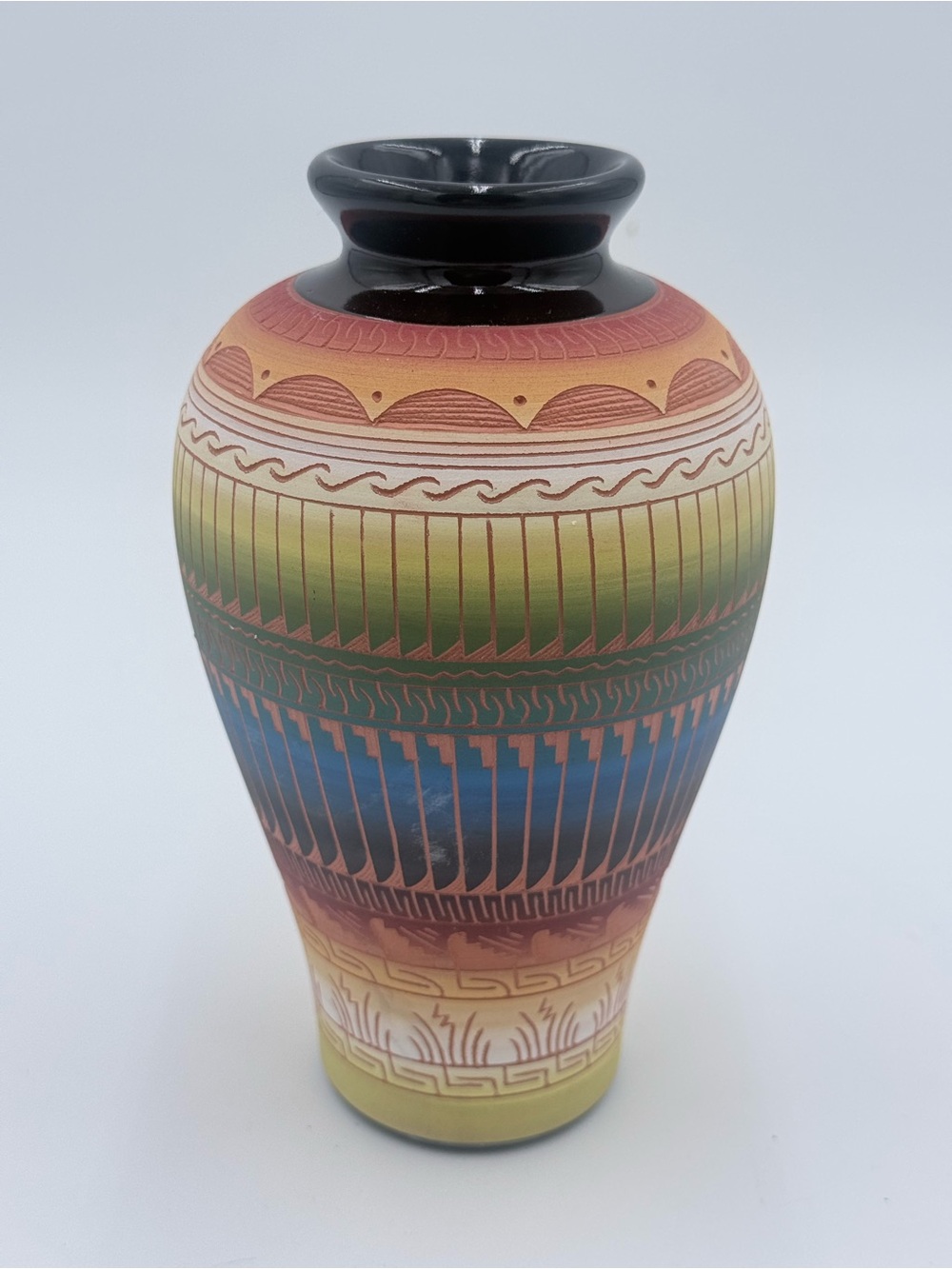 Navajo Native American Etched Pottery Signed Jose Dine 8” Multi Colored Vase